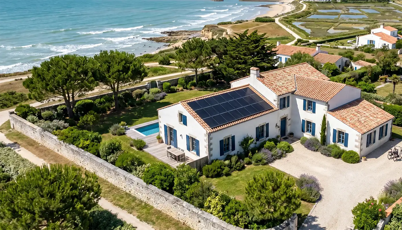Installation photovoltaïque AG Clim 17 sur une maison rétaise face à la mer